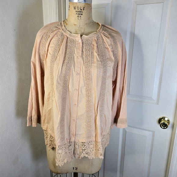 Logo Lavish Lace Cotton Peach Ling‎ Sleeve Top Womens M - Picture 1 of 14
